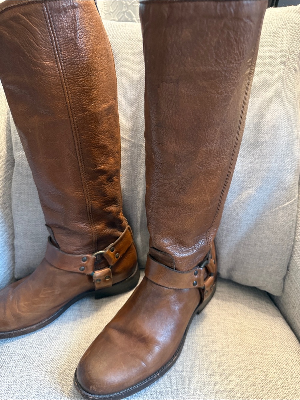 FRYE Women’s Phillip Harness Tall Leather Riding Boots in Cognac Brown Size 9 - Picture 6 of 16